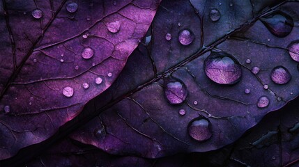 Fototapeta premium Purple Leaves with Water Droplets Close Up.