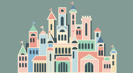 Obraz premium Whimsical Pastel Castle Illustration with Colorful Flags and Towers