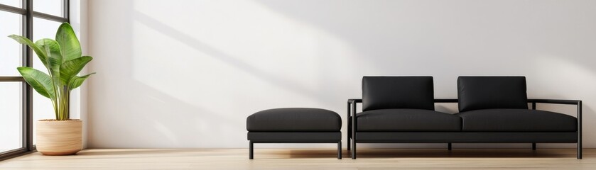 Modern Minimalist Interior Black Sofa, Plant, Light, minimalism , home decor