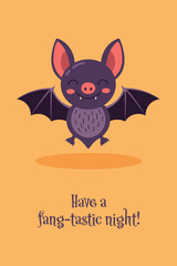 Greeting card. Cute Halloween bat illustration a smiling cartoon character with funny text on an orange background
