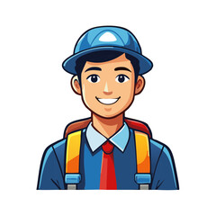 Cartoon portrait of a smiling young man wearing a blue hard hat and a backpack.