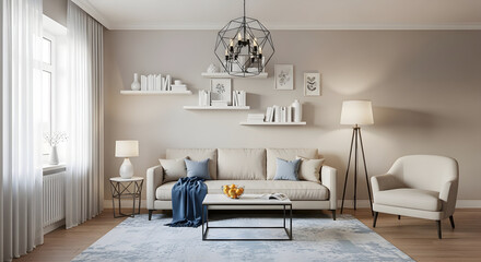 Bright and airy living room featuring a modern sofa stylish decor and natural light creating a cozy and inviting atmosphere for relaxation and comfort