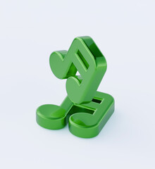 Nota musical verde em 3D inclinada em perspectiva sobre fundo branco