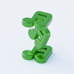 Conjunto de notas musicais verdes empilhadas em 3D sobre fundo branco