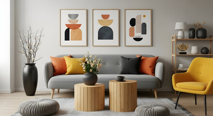 Modern living room interior with abstract art gray sofa wooden tables and a yellow chair creating a cozy and stylish home environment for relaxation