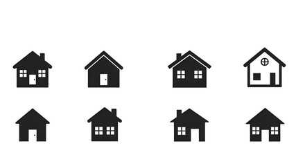 Fototapeta premium Minimalist house icons arranged in a row with simple design, showing different shapes and window variations.