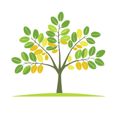 Obraz premium Stylized tree with green and yellow leaves with grassland vector graphic