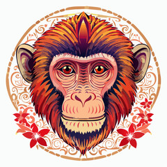 A decorative vector illustration of a monkey face with floral and ornamental patterns. Perfect for Chinese zodiac designs, New Year greetings, posters, and decorative artwork.