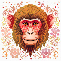 A decorative vector illustration of a monkey face with floral and ornamental patterns. Perfect for Chinese zodiac designs, New Year greetings, posters, and decorative artwork.