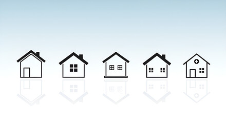Minimalist house icons arranged in a row with simple design, showing different shapes and window variations.