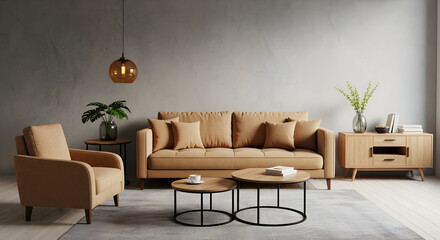 Elegant living room interior with a tan sofa armchair and round coffee tables creating a cozy and inviting atmosphere for relaxation and comfort