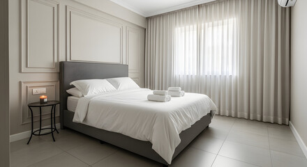 Bright and airy bedroom with a comfortable bed soft linens and a calming candle creating a relaxing and inviting atmosphere for rest and sleep