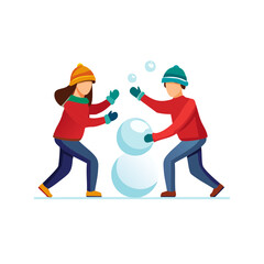 Obraz premium Two children happily building a snowman together in the winter season