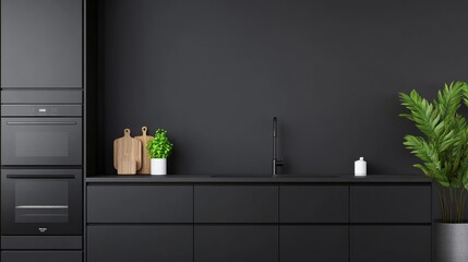 Monochrome Kitchen Black Cabinets, Wood Boards and Green Plant, minimalist, interior