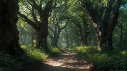 Sunlight path through ancient trees