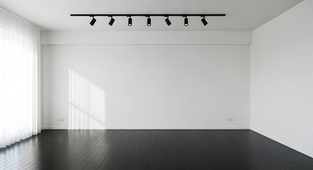 Minimalist interior featuring dark wood floors white walls track lighting and natural light from a window with sheer curtains creating a serene space