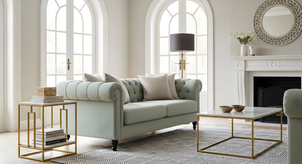 Elegant living room featuring a mint green sofa marble tables and a decorative fireplace creates a serene and stylish interior space