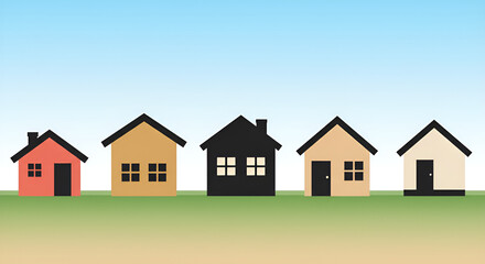 Minimalist house icons arranged in a row with simple design, showing different shapes and window variations.