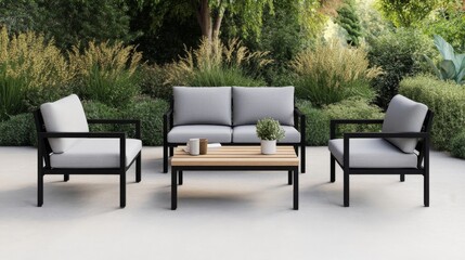 Outdoor Living Modern Gray Patio Set with Wood Table and Lush Greenery , patiofurniture, garden