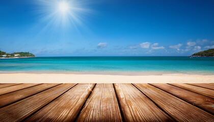 Fototapeta premium Empty Wooden Table On Beach Sunny Day