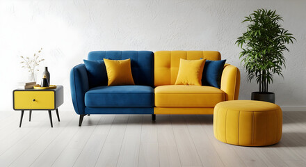 Modern living room featuring a blue and yellow sofa with matching pillows and ottoman against a textured white wall creating a vibrant and stylish space