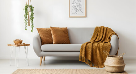 Cozy living room interior with a gray sofa brown pillows a mustard throw and natural decor creating a warm and inviting atmosphere for relaxation