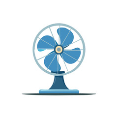 Illustration of a Small Blue Electric Fan with a Round Metal Frame on White