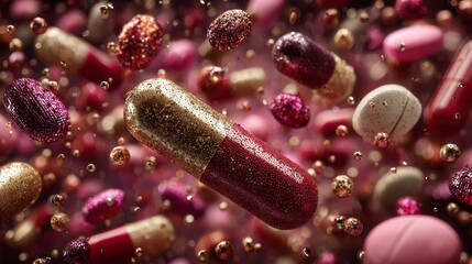 Colorful array of medicines: exploring the world of pharmaceuticals. Glam lookbook. Assorted medicine: a colorful background of pills, tablets, and capsules. Designer fashion. Fashion editorial.