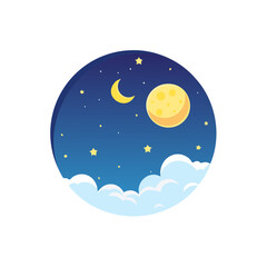 Cartoon night sky with a full moon, crescent moon, stars and fluffy clouds in a circle