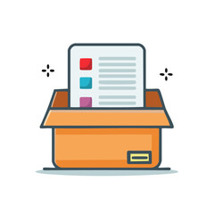 Organized document with a feature list or checklist coming out of an open box vector icon