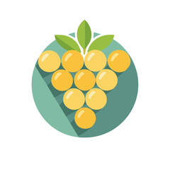Grapes icon illustration with shadows, leaves, yellow fruit against a blue-green circle