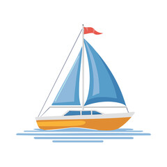 Cheerful sailing vessel with blue sails and an orange hull navigating across blue waves