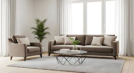 Modern living room with brown sofa armchair and coffee table creating a cozy and inviting atmosphere for relaxation and comfortable living space design