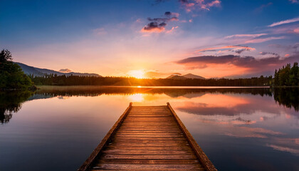 Obraz premium Vibrant Sunset Over A Calm Lake With A Wooden Dock Leading Into The Reflecting Water