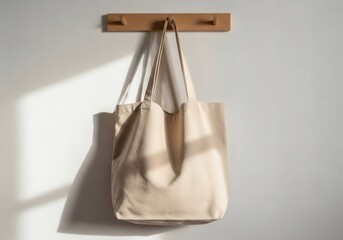 Empty beige tote bag mockup hanging on wooden wall hook