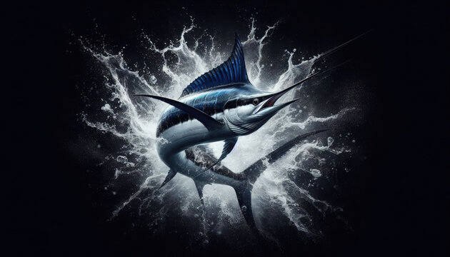 Striking Atlantic blue marlin bursts from water in circular splash on black background. Perfect for sport fishing apparel, tees, souvenirs, highlighting angling hobby