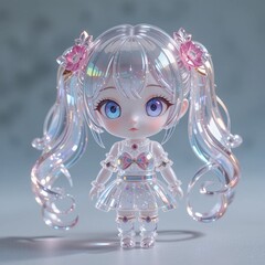 Crystal chibi anime doll with twin tails and pink flowers