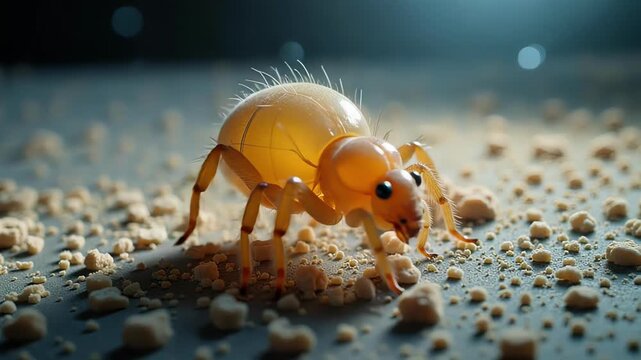 Springtail exploring a world of crumbs in a macro view, showing intricate detail and movement, perfect for science or nature documentaries