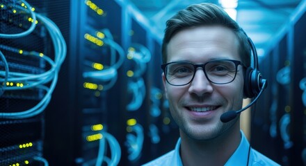 IT Support Technician in Data Center Smiling with Headset