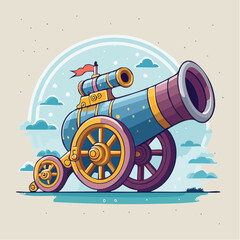 Colorful Cartoon Cannon Illustration Against Light Sky
