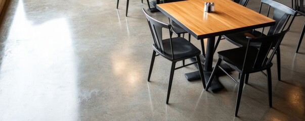 Wooden Table with Black Chairs on Polished Concrete, Restaurant , Interior