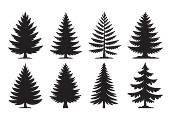 Set of eight stylized pine trees with textured silhouette and abstract winter forest elements white background