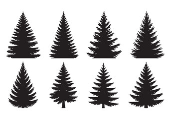 Obraz premium Set of eight silhouette evergreen pine fir trees with textured bristle brushes ideal for winter decor white background