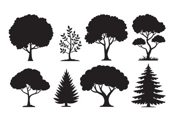 Collection of diverse tree silhouettes featuring various shapes and sizes for natural designs white background