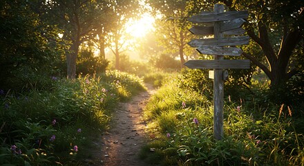 Sunlit Forest Path with Wooden Signpost.