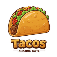A vibrant cartoon illustration of a delicious taco with the word 