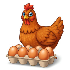 A cartoon hen proudly stands beside a carton of fresh brown eggs.