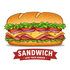 A delicious and colorful illustration of a long sandwich filled with ham, cheese, lettuce, tomatoes, and onions on a white background.