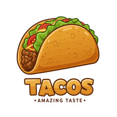 Cartoon taco with ground beef, lettuce, and tomatoes, with the word 