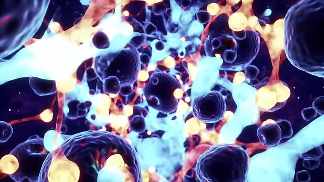 Microscopic View Inside Body Showing Cells and Biological Activity Dark Blue and Light Blue with Yellow Spheres for Medical Research or Abstract Backgrounds and Animated Cell Structures